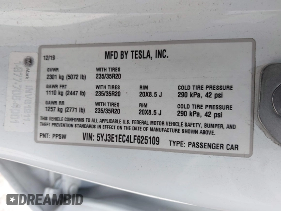 2020 Tesla Model 3 Performance z VIN 5YJ3E1EC4LF625109, wystawiony jako IAAI lot #41735149 z przebiegiem 95 010 mil mil oraz . Historia ofert i sprzedaży dostępna na DreamBid. Obrazek 9.