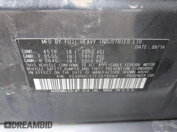 2015 Subaru Legacy Premium with VIN 4S3BNAC67F3014064, listed as a IAAI auction lot 42520793 with 135,719 mi miles and . Bid and sale history available at DreamBid. Image 9.