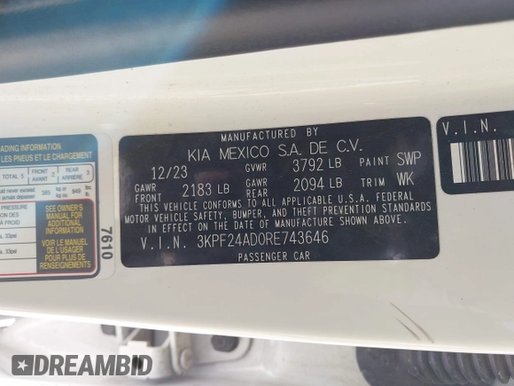 2024 Kia Forte LXS with VIN 3KPF24AD0RE743646, listed as a IAAI auction lot 41686999 with 25,855 mi miles and . Bid and sale history available at DreamBid. Image 9.