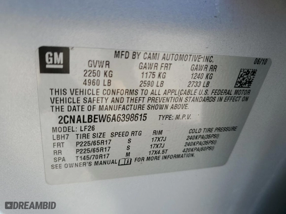 2010 Chevrolet Equinox LS with VIN 2CNALBEW6A6398615, listed as a Copart auction lot 48958005 with 101,248 mi miles and Salvage Title. Bid and sale history available at carsss.com. Image 13.