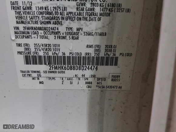 2013 Ford Flex Limited with VIN 2FMHK6D88DBD24474, listed as a Copart auction lot 44492045 with 219,443 mi miles and Salvage Title. Bid and sale history available at carsss.com. Image 13.