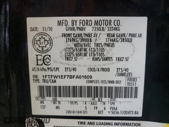 2011 Ford F-150 XL z VIN 1FTFW1EF7BFA01609, wystawiony jako Copart lot #59919835 z przebiegiem 153 618 mil mil oraz Czysty tytuł • Clean title. Historia ofert i sprzedaży dostępna na DreamBid. Obrazek 12.