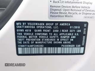 2015 Volkswagen Passat SE z VIN 1VWBT7A38FC062252, wystawiony jako IAAI lot #42206024 z przebiegiem 172 808 mil mil oraz . Historia ofert i sprzedaży dostępna na DreamBid. Obrazek 9.
