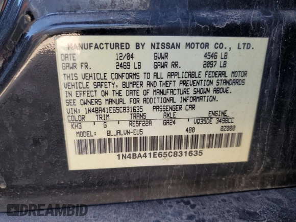 2005 Nissan Maxima 3.5 SL with VIN 1N4BA41E65C831635, listed as a Copart auction lot 47935525 with 278,366 mi miles and Salvage Title. Bid and sale history available at carsss.com. Image 14.