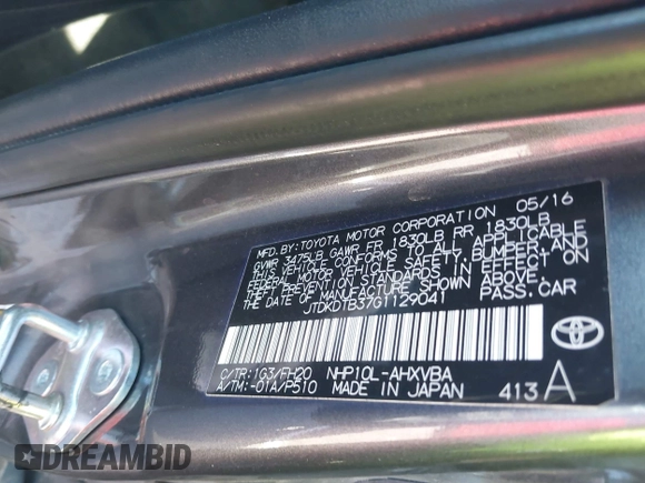 2016 Toyota Prius One with VIN JTDKDTB37G1129041, listed as a IAAI auction lot 41655107 with 76,066 mi miles and . Bid and sale history available at DreamBid. Image 9.