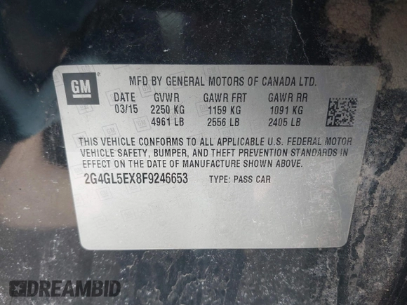2015 Buick Regal with VIN 2G4GL5EX8F9246653, listed as a IAAI auction lot 41779260 with 120,051 mi miles and . Bid and sale history available at DreamBid. Image 9.