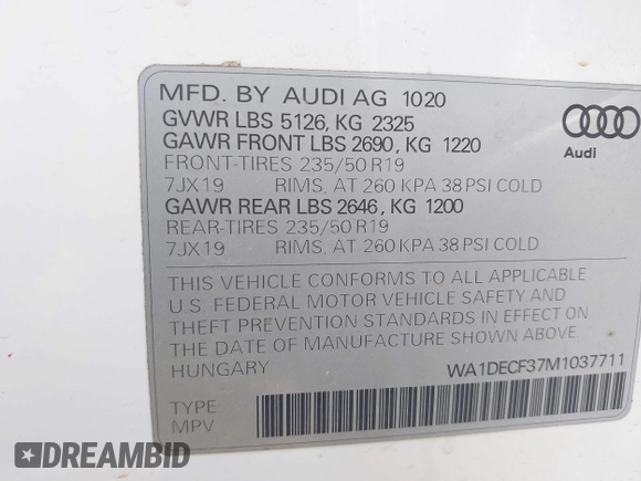 2021 Audi Q3 S line Premium with VIN WA1DECF37M1037711, listed as a IAAI auction lot 42096937 with 28,973 mi miles and . Bid and sale history available at DreamBid. Image 9.