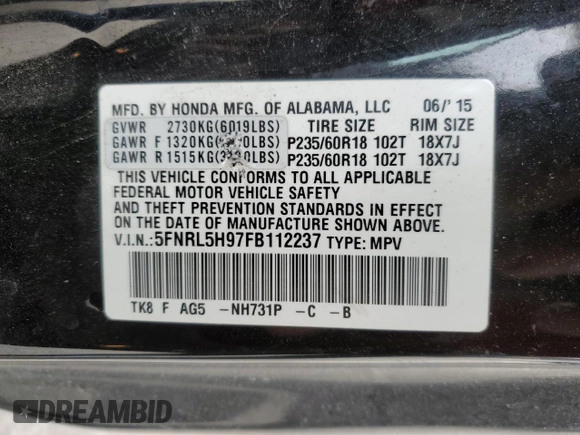 2015 Honda Odyssey Touring Elite with VIN 5FNRL5H97FB112237, listed as a Copart auction lot 44789195 with 152,165 mi miles and Salvage Title. Bid and sale history available at DreamBid. Image 13.