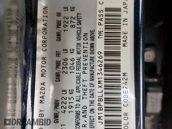 2021 Mazda 3 Preferred with VIN JM1BPBLLXM1346269, listed as a Copart auction lot 64181615 with 64,029 mi miles and Salvage title. Bid and sale history available at DreamBid. Image 12.