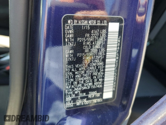 2015 Nissan Juke S with VIN JN8AF5MV3FT557406, listed as a Copart auction lot 60941155 with 124,884 mi miles and Salvage title. Bid and sale history available at DreamBid. Image 12.