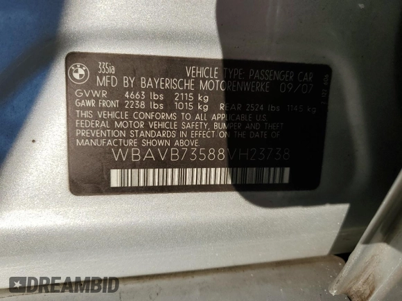 2008 BMW 3 Series 335i with VIN WBAVB73588VH23738, listed as a Copart auction lot 89168345 with 203,469 mi miles and Salvage title. Bid and sale history available at DreamBid. Image 12.