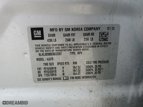 2014 Buick Encore Convenience with VIN KL4CJBSB6EB633287, listed as a Copart auction lot 47262235 with NaN miles and Salvage Title. Bid and sale history available at carsss.com. Image 14.