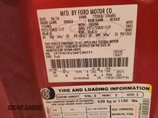 2010 Ford F-150 XL с VIN 1FTFW1EV3AFC90171, выставлен на аукционе Copart как лот 59862435 с пробегом Не указан миль и На запчасти • Non repairable. История ставок и продаж доступна на DreamBid. Изображение 12.