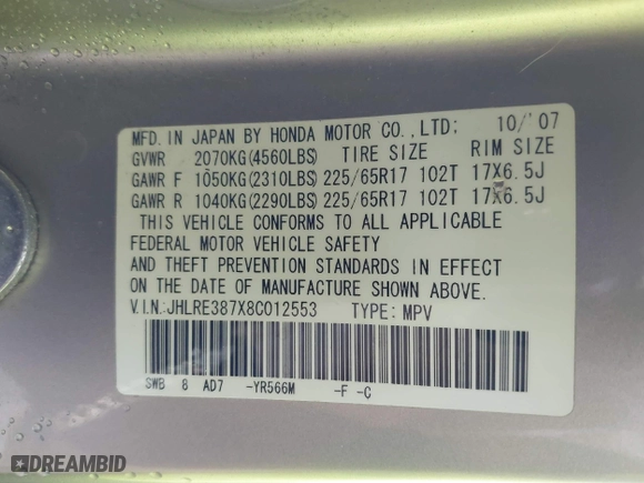 2008 Honda CR-V EX-L with VIN JHLRE387X8C012553, listed as a IAAI auction lot 41985312 with 154,713 mi miles. Bid and sale history available at carsss.com. Image 9.