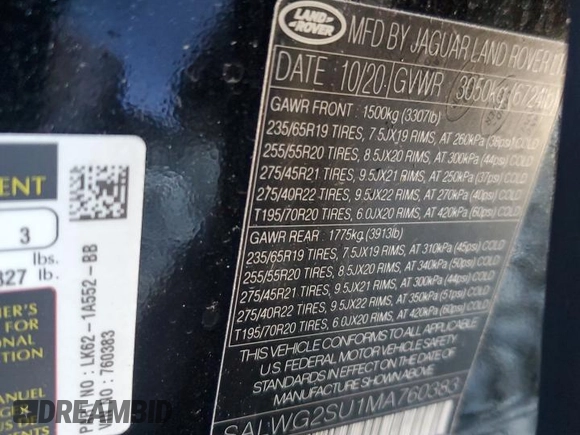 2021 Land Rover Range Rover Sport SE with VIN SALWG2SU1MA760383, listed as a Copart auction lot 86762924 with 42,135 mi miles and Salvage Title. Bid and sale history available at carsss.com. Image 13.