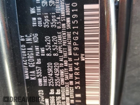 2023 Kia Sorento SX z VIN 5XYRK4LF9PG215910, wystawiony jako Copart lot #49861025 z przebiegiem 25 007 mil mil oraz Szkoda całkowita • Salvage title. Historia ofert i sprzedaży dostępna na DreamBid. Obrazek 13.