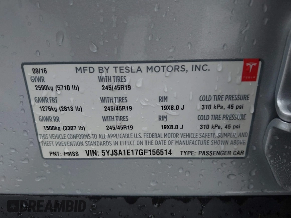 2016 Tesla Model S 70 with VIN 5YJSA1E17GF156514, listed as a IAAI auction lot 41869006 with 17,704 mi miles and . Bid and sale history available at DreamBid. Image 9.