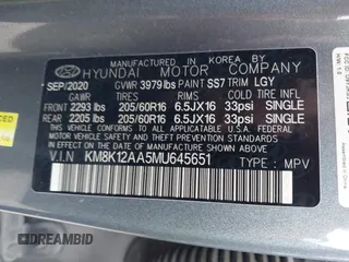 2021 Hyundai Kona SE with VIN KM8K12AA5MU645651, listed as a IAAI auction lot 41515816 with 83,263 mi miles. Bid and sale history available at carsss.com. Image 9.