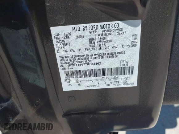 2007 Ford F-150 XL z VIN 1FTPX12V77KC87862, wystawiony jako IAAI lot #42080803 z przebiegiem 107 643 mil mil oraz . Historia ofert i sprzedaży dostępna na DreamBid. Obrazek 9.