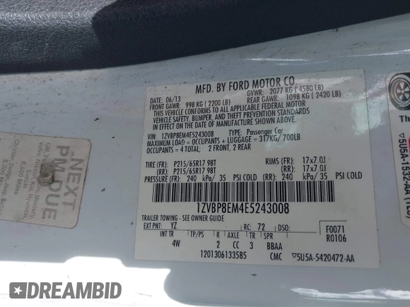 2014 Ford Mustang V6 with VIN 1ZVBP8EM4E5243008, listed as a IAAI auction lot 41572234 with 114,392 mi miles. Bid and sale history available at carsss.com. Image 9.