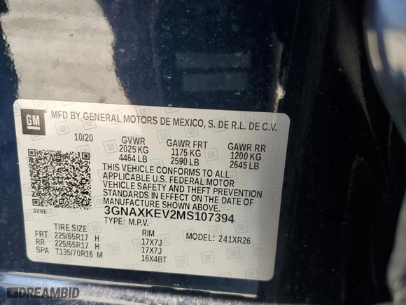 2021 Chevrolet Equinox LT with VIN 3GNAXKEV2MS107394, listed as a Copart auction lot 53277195 with 36,878 mi miles and Salvage Title. Bid and sale history available at carsss.com. Image 13.