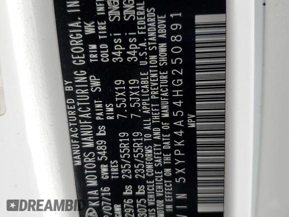 2017 Kia Sorento SXL z VIN 5XYPK4A54HG250891, wystawiony jako Copart lot #57791565 z przebiegiem Nie podano mil oraz Szkoda całkowita • Salvage title. Historia ofert i sprzedaży dostępna na DreamBid. Obrazek 13.