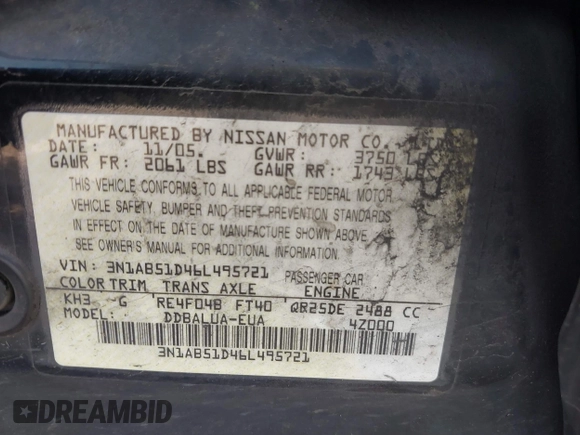 2006 Nissan Sentra SE-R Spec V z VIN 3N1AB51D46L495721, wystawiony jako IAAI lot #41886006 z przebiegiem 201 712 mil mil oraz . Historia ofert i sprzedaży dostępna na DreamBid. Obrazek 9.