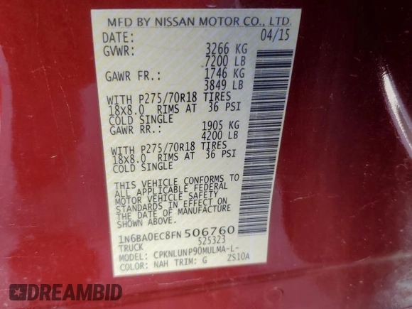 2015 Nissan Titan Pro-4X with VIN 1N6BA0EC8FN506760, listed as a Copart auction lot 54798324 with Not provided miles and Salvage title. Bid and sale history available at DreamBid. Image 12.