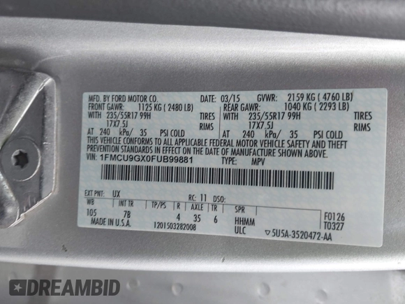 2015 Ford Escape SE with VIN 1FMCU9GX0FUB99881, listed as a IAAI auction lot 41919660 with 138,561 mi miles. Bid and sale history available at carsss.com. Image 9.