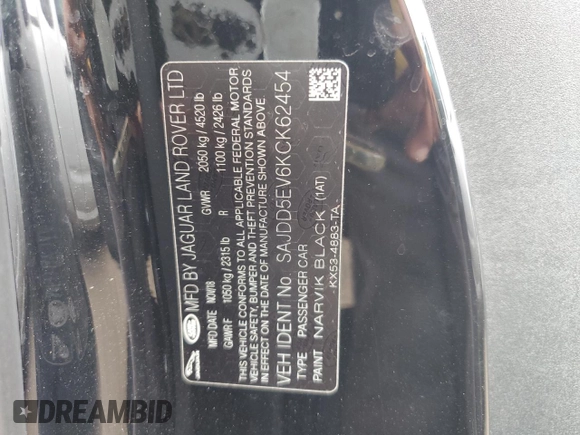 2019 Jaguar F-Type with VIN SAJDD5EV6KCK62454, listed as a Copart auction lot 70392324 with Not Provided miles and Salvage Title. Bid and sale history available at DreamBid. Image 12.
