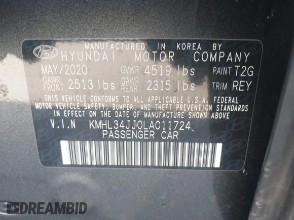 2020 Hyundai Sonata Hybrid Ultimate with VIN KMHL34JJ0LA011724, listed as a IAAI auction lot 41861571 with 1 mi miles. Bid and sale history available at carsss.com. Image 9.