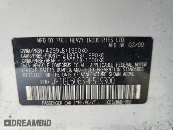 2009 Subaru Impreza i z VIN JF1GE60639H519300, wystawiony jako Copart lot #58386565 z przebiegiem 153 717 mil mil oraz Szkoda całkowita • Salvage title. Historia ofert i sprzedaży dostępna na DreamBid. Obrazek 13.