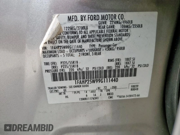 2009 Ford Taurus Limited z VIN 1FAHP25W99G111440, wystawiony jako Copart lot #51630465 z przebiegiem 107 418 mil mil oraz Szkoda całkowita • Salvage title. Historia ofert i sprzedaży dostępna na DreamBid. Obrazek 15.