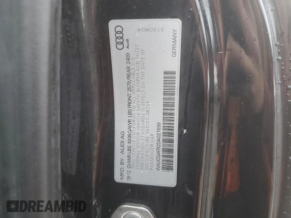 2013 Audi S5 Premium Plus z VIN WAUCGAFR2DA027699, wystawiony jako Copart lot #83947234 z przebiegiem Nie podano mil oraz Szkoda całkowita • Salvage title. Historia ofert i sprzedaży dostępna na DreamBid. Obrazek 15.