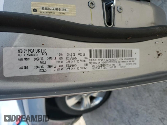 2016 Jeep Compass Sport z VIN 1C4NJCBA3GD611556, wystawiony jako Copart lot #44656665 z przebiegiem Nie podano mil oraz Szkoda całkowita • Salvage title. Historia ofert i sprzedaży dostępna na DreamBid. Obrazek 13.