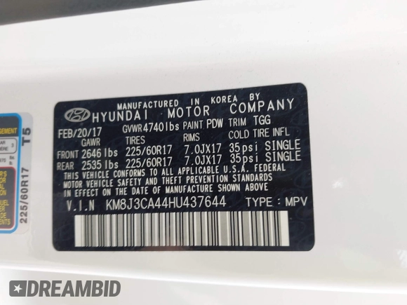 2017 Hyundai Tucson SE with VIN KM8J3CA44HU437644, listed as a IAAI auction lot 41825957 with 59,402 mi miles. Bid and sale history available at carsss.com. Image 9.