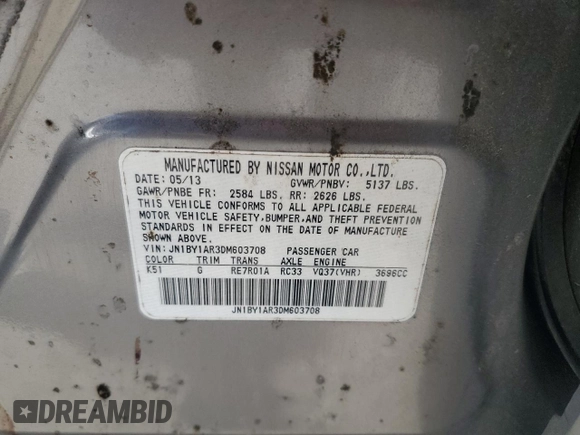 2013 Infiniti M37 with VIN JN1BY1AR3DM603708, listed as a Copart auction lot 85663994 with Not Provided miles and Salvage Title. Bid and sale history available at carsss.com. Image 12.
