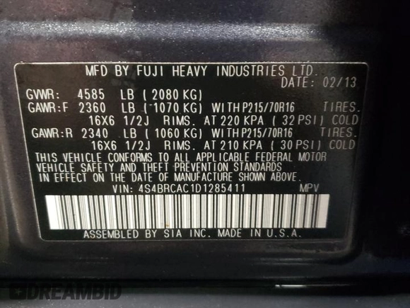2013 Subaru Outback 2.5i with VIN 4S4BRCAC1D1285411, listed as a Copart auction lot 44221785 with 200,890 mi miles and Salvage title. Bid and sale history available at DreamBid. Image 12.