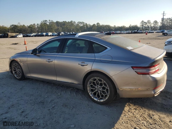 2021 Genesis G80 2.5T with VIN KMTGB4SC5MU081052, listed as a Copart auction lot 46831555 with 49,351 mi miles and Salvage Title. Bid and sale history available at carsss.com. Image 2.