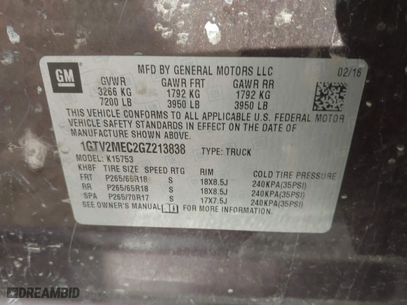2016 GMC Sierra 1500 SLE with VIN 1GTV2MEC2GZ213838, listed as a IAAI auction lot 41829305 with 62,670 mi miles. Bid and sale history available at carsss.com. Image 9.