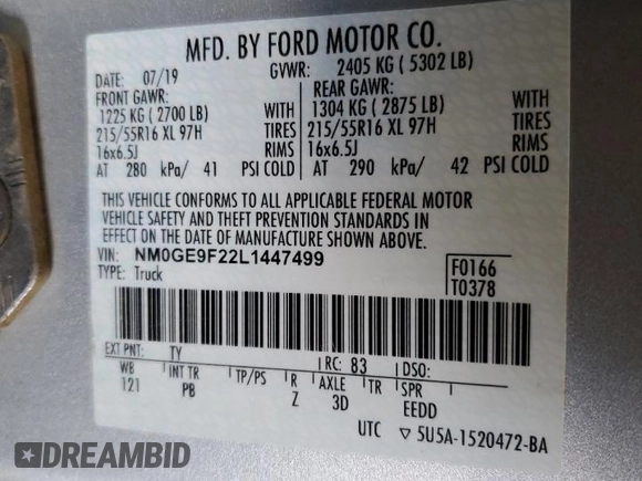 2020 Ford Transit Connect XLT z VIN NM0GE9F22L1447499, wystawiony jako Copart lot #63365055 z przebiegiem 53 564 mil mil oraz Nie do naprawy • Non repairable. Historia ofert i sprzedaży dostępna na DreamBid. Obrazek 13.