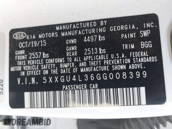 2016 Kia Optima EX with VIN 5XXGU4L36GG008399, listed as a IAAI auction lot 41239371 with 115,150 mi miles. Bid and sale history available at carsss.com. Image 9.