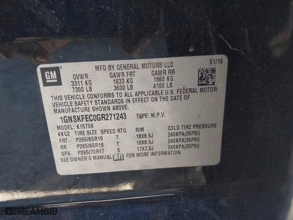 2016 Chevrolet Tahoe Commercial with VIN 1GNSKFEC0GR271243, listed as a IAAI auction lot 41744341 with 189,878 mi miles. Bid and sale history available at carsss.com. Image 9.