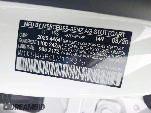 2020 Mercedes-Benz CLA 250 with VIN W1K5J4GB0LN123876, listed as a IAAI auction lot 41892317 with 60,192 mi miles and . Bid and sale history available at DreamBid. Image 9.