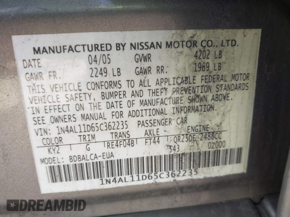 2005 Nissan Altima 2.5 S with VIN 1N4AL11D65C362235, listed as a IAAI auction lot 41865559 with 117,144 mi miles. Bid and sale history available at carsss.com. Image 9.