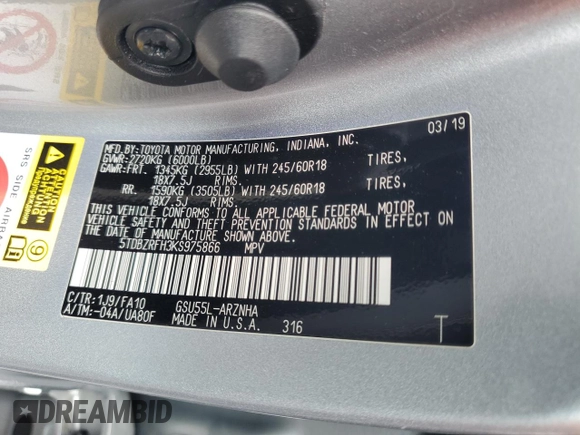2019 Toyota Highlander LE with VIN 5TDBZRFH3KS975866, listed as a Copart auction lot 60226695 with 68,113 mi miles and Salvage title. Bid and sale history available at DreamBid. Image 13.
