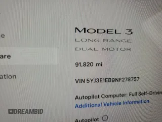 2022 Tesla Model 3 Long Range with VIN 5YJ3E1EB9NF278757, listed as a Copart auction lot 52187175 with 91,820 mi miles and Salvage Title. Bid and sale history available at DreamBid. Image 9.