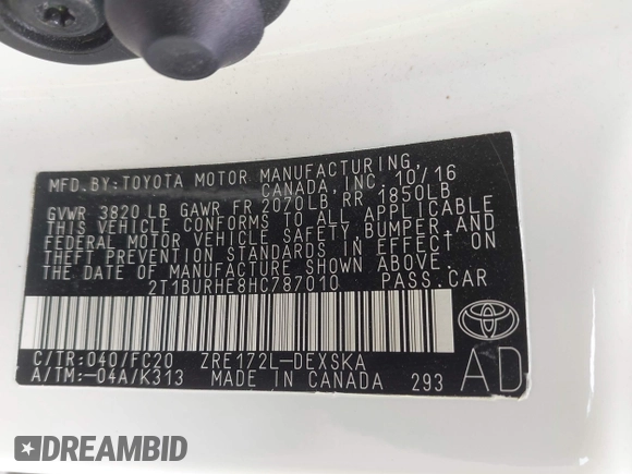 2017 Toyota Corolla L z VIN 2T1BURHE8HC787010, wystawiony jako IAAI lot #42366723 z przebiegiem 104 805 mil mil oraz . Historia ofert i sprzedaży dostępna na DreamBid. Obrazek 9.