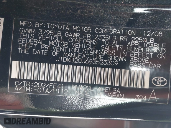 2009 Toyota Prius with VIN JTDKB20U693523309, listed as a IAAI auction lot 41885061 with 136,916 mi miles and . Bid and sale history available at DreamBid. Image 9.