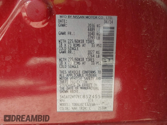 2014 Nissan Rogue S z VIN 5N1AT2MT7EC852455, wystawiony jako IAAI lot #41691195 z przebiegiem 66 531 mil mil oraz . Historia ofert i sprzedaży dostępna na DreamBid. Obrazek 9.